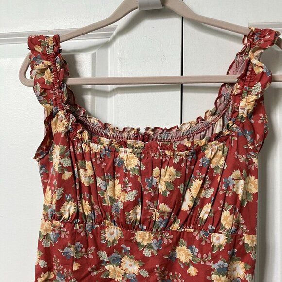 Y2K Ralph Lauren Mini Dress Womens Red Milkmaid Prairie Cotton Ruffle - Picture 2 of 8